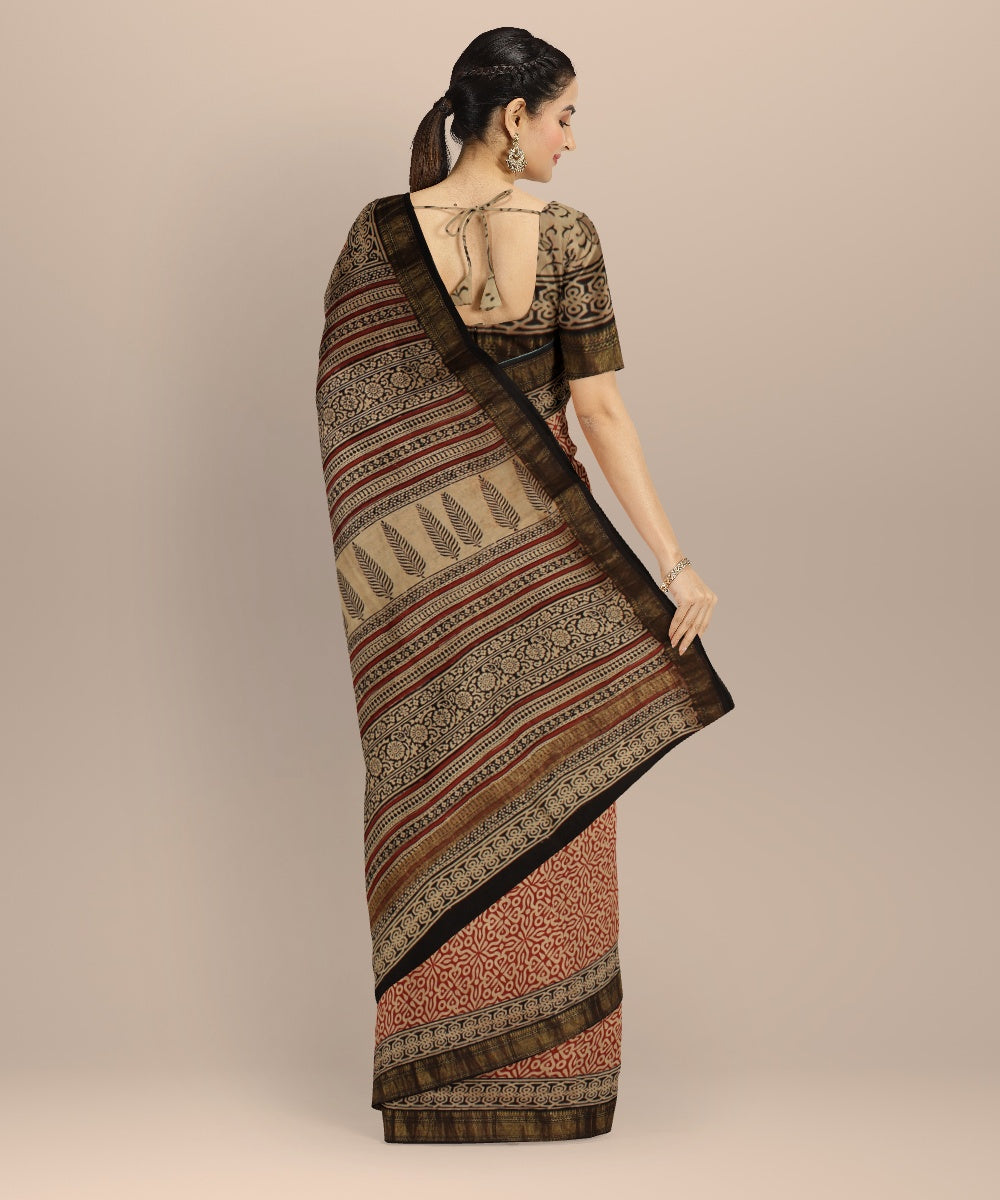 Beige red block print chanderi cotton silk saree