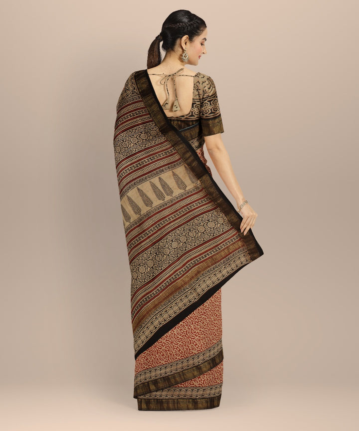 Beige red block print chanderi cotton silk saree