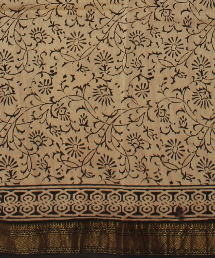 Beige red block print chanderi cotton silk saree