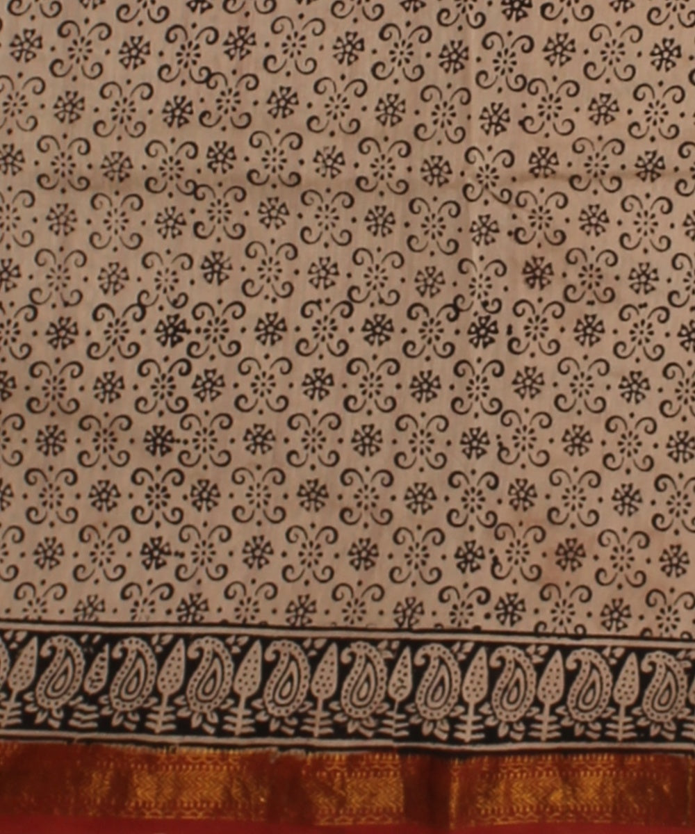 Beige black cotton silk chanderi block print saree