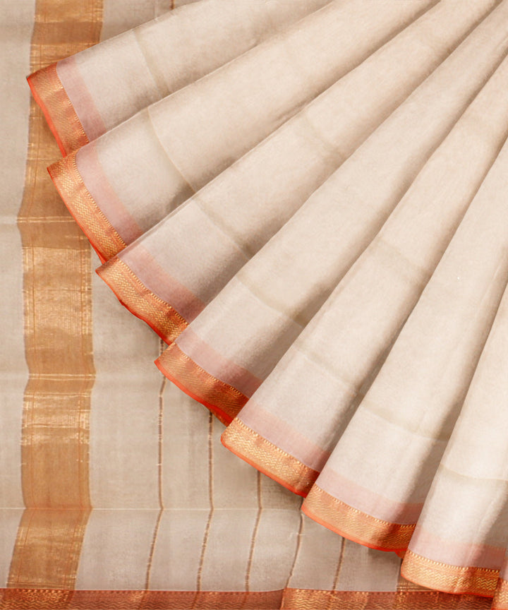 Offwhite orange maheshwari handloom cotton silk saree