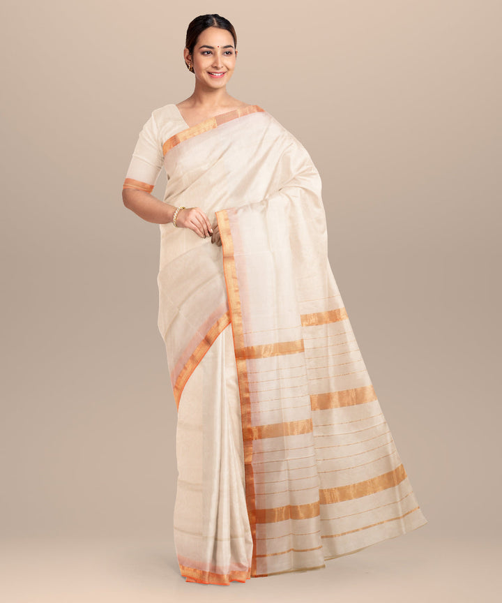 Offwhite orange maheshwari handloom cotton silk saree