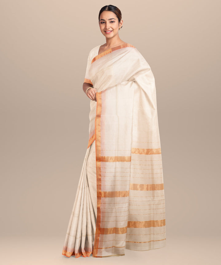 Offwhite orange maheshwari handloom cotton silk saree