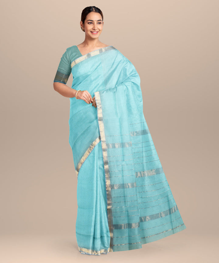 Sky blue handloom maheshwari cotton silk saree