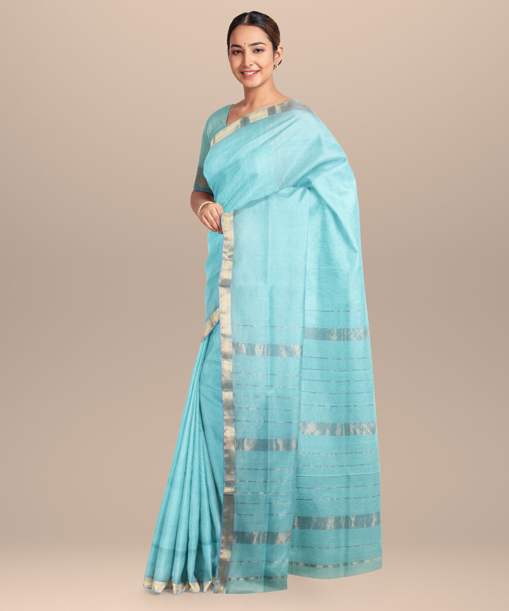 Sky blue handloom maheshwari cotton silk saree