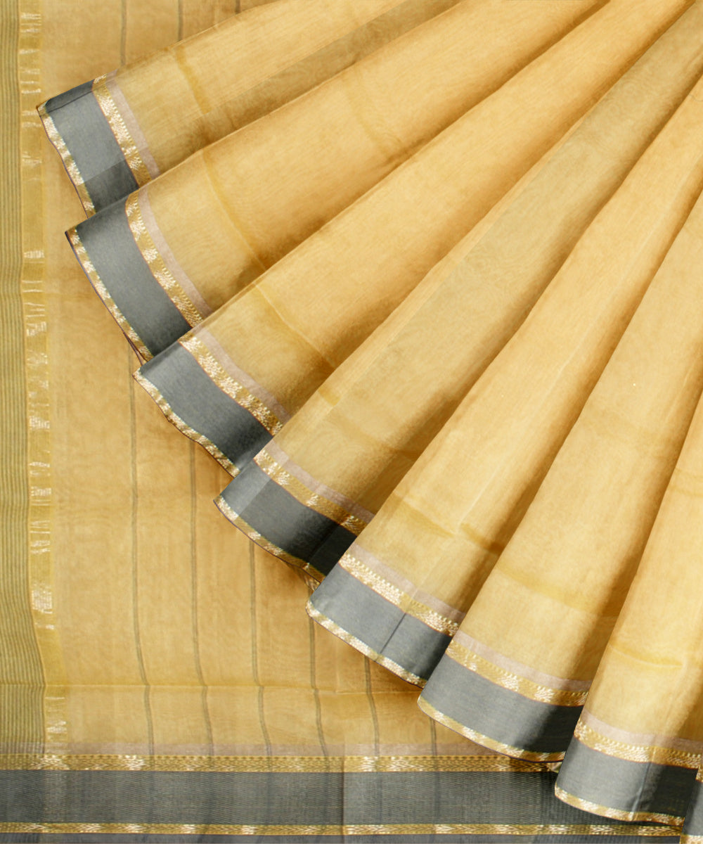Yellow grey maheshwari handloom cotton silk saree