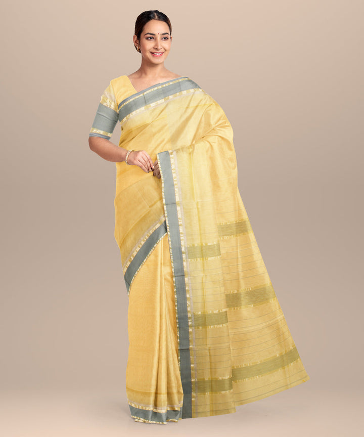 Yellow grey maheshwari handloom cotton silk saree