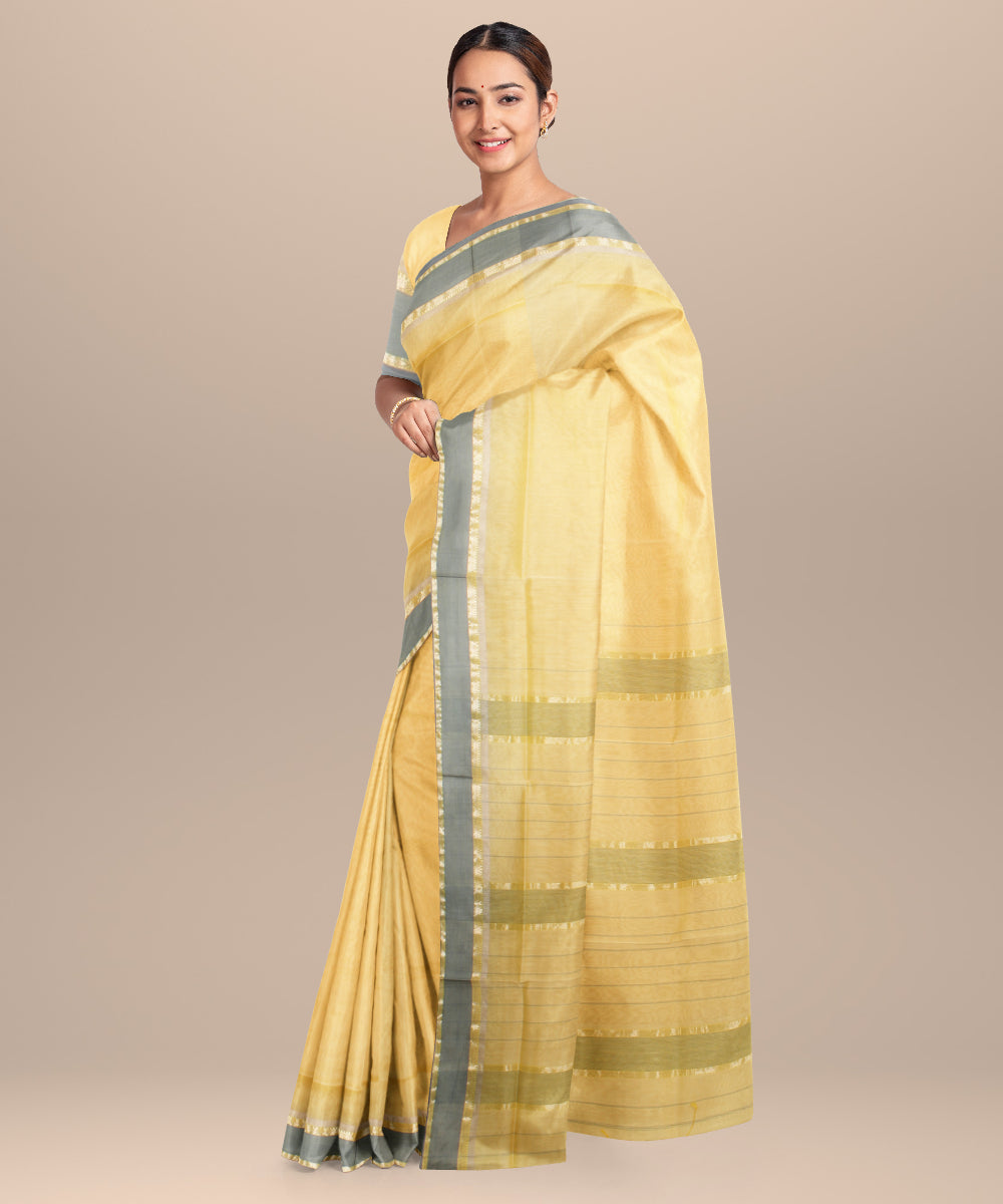 Yellow grey maheshwari handloom cotton silk saree