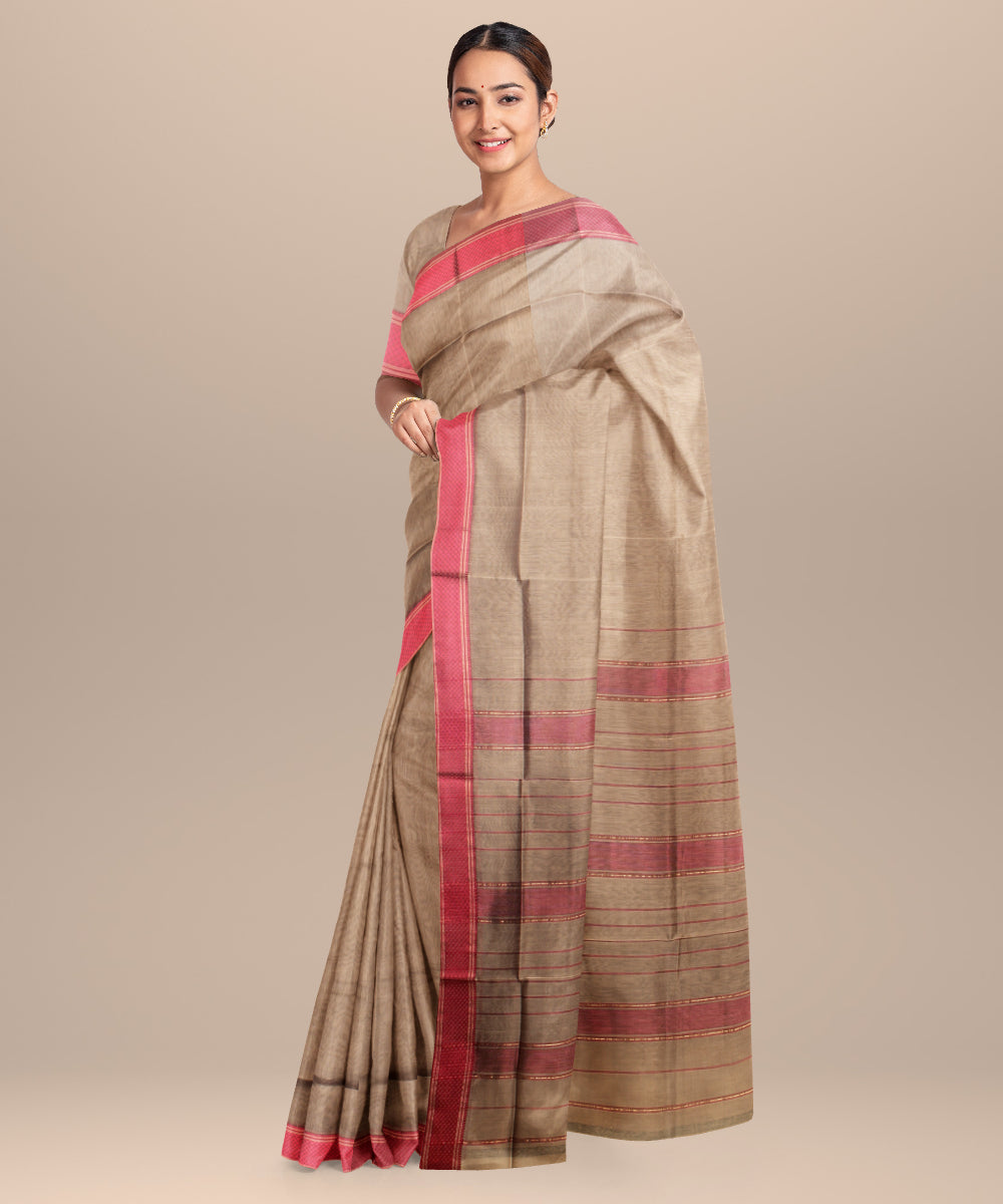 Grey maroon maheshwari handloom cotton silk saree