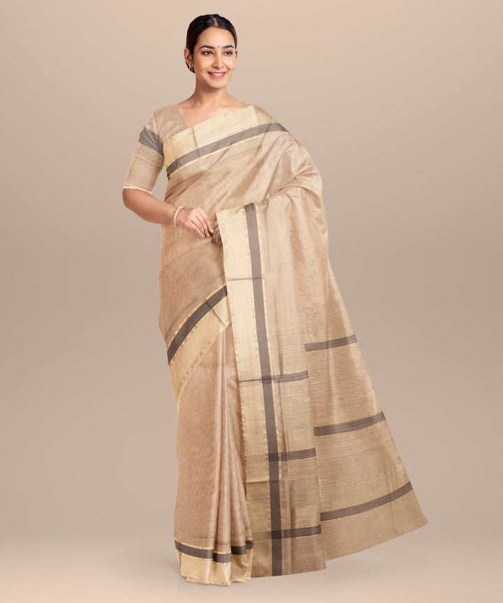 Beige grey maheshwari handloom cotton silk saree