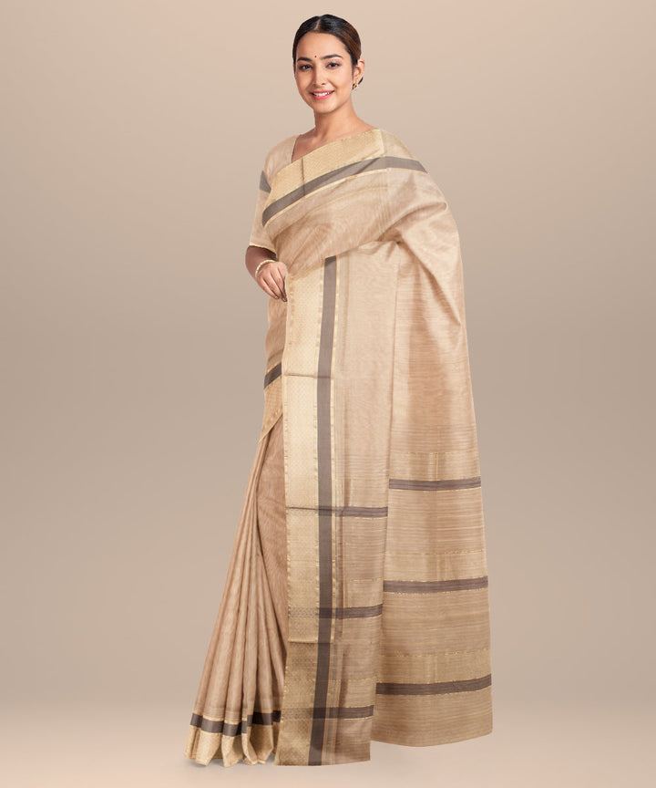 Beige grey maheshwari handloom cotton silk saree