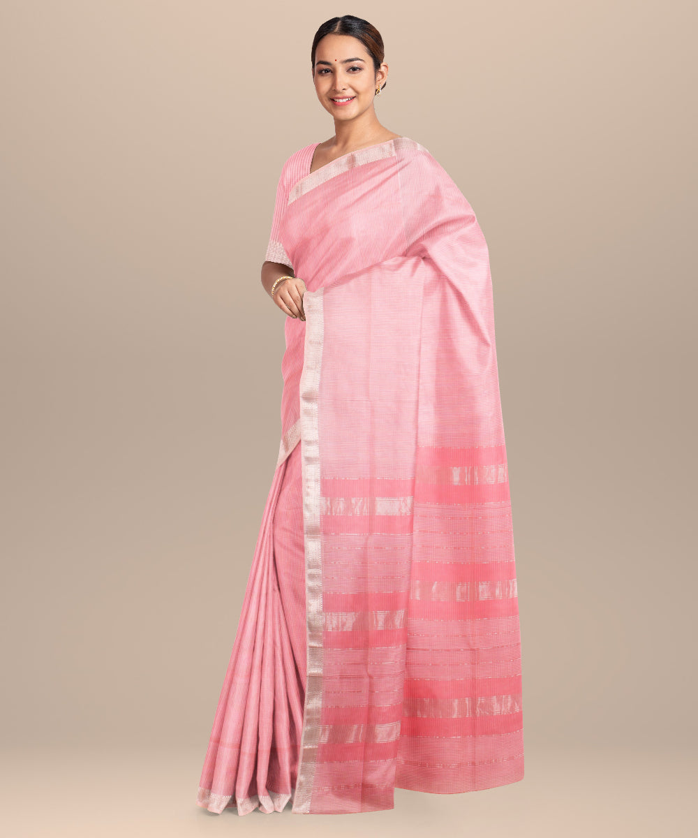 Baby pink checks maheshwari handloom cotton silk saree