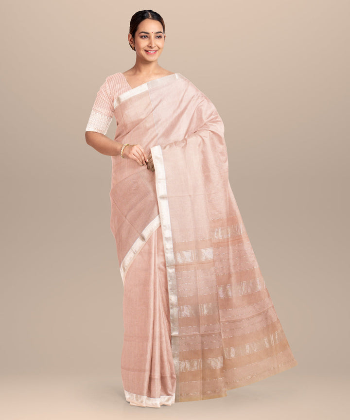 Light peach checks maheshwari handloom cotton silk saree