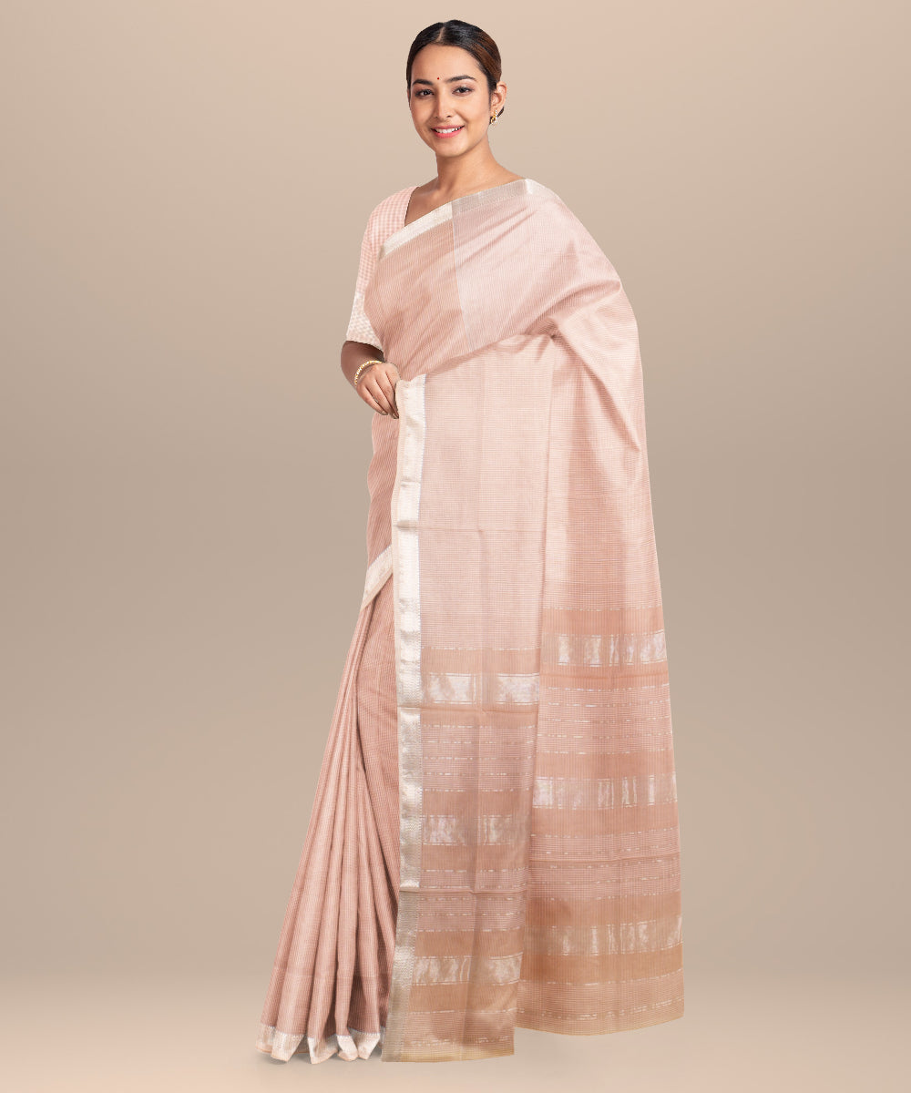 Light peach checks maheshwari handloom cotton silk saree
