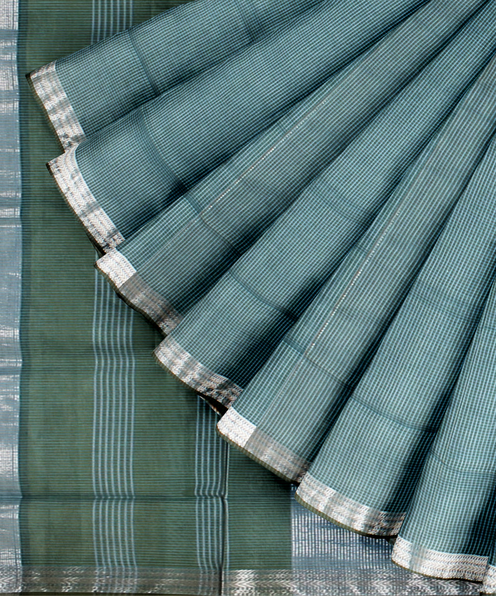 Green blue checks maheshwari handloom cotton silk saree