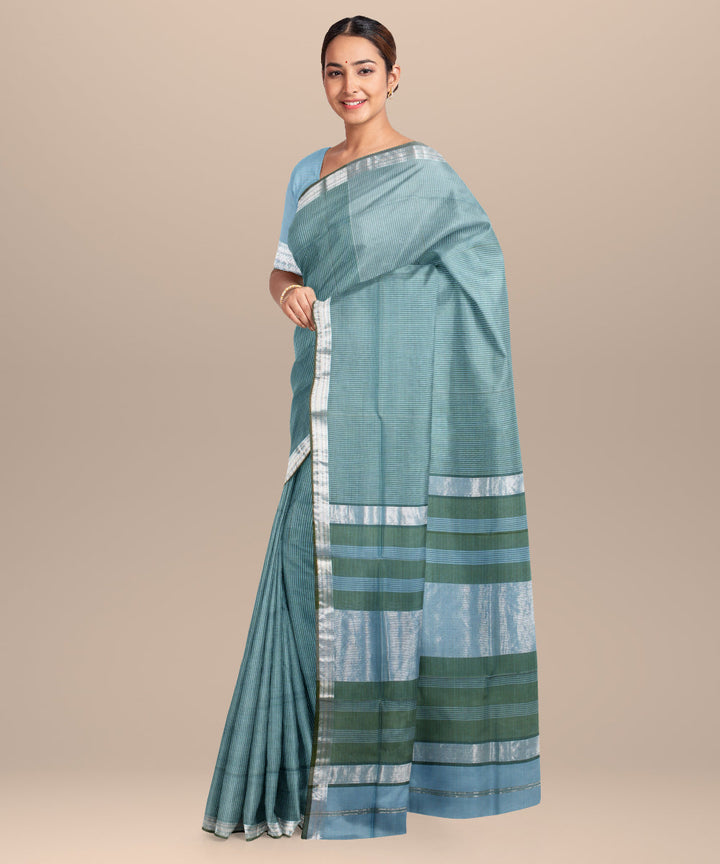 Green blue checks maheshwari handloom cotton silk saree