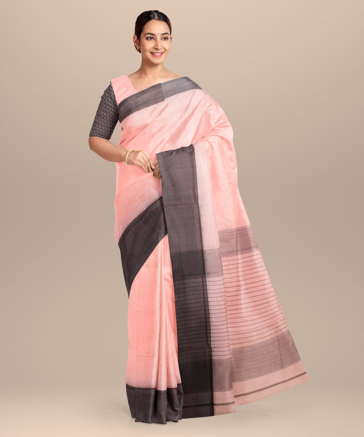 Pink black maheshwari handloom cotton silk saree