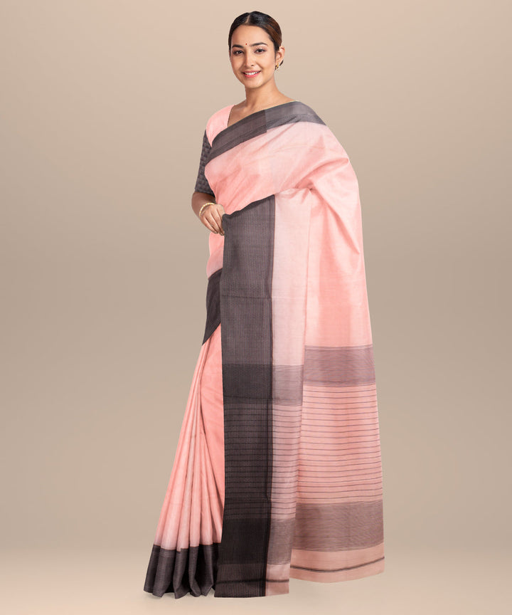 Pink black maheshwari handloom cotton silk saree