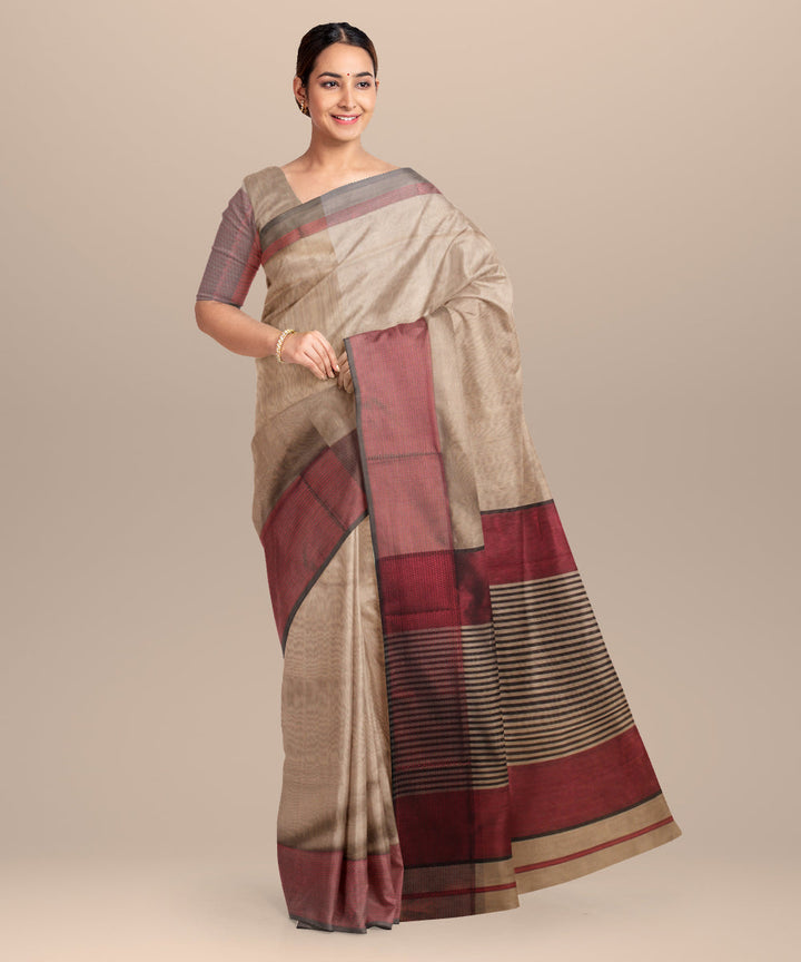 Beige red maheshwari handloom cotton silk saree