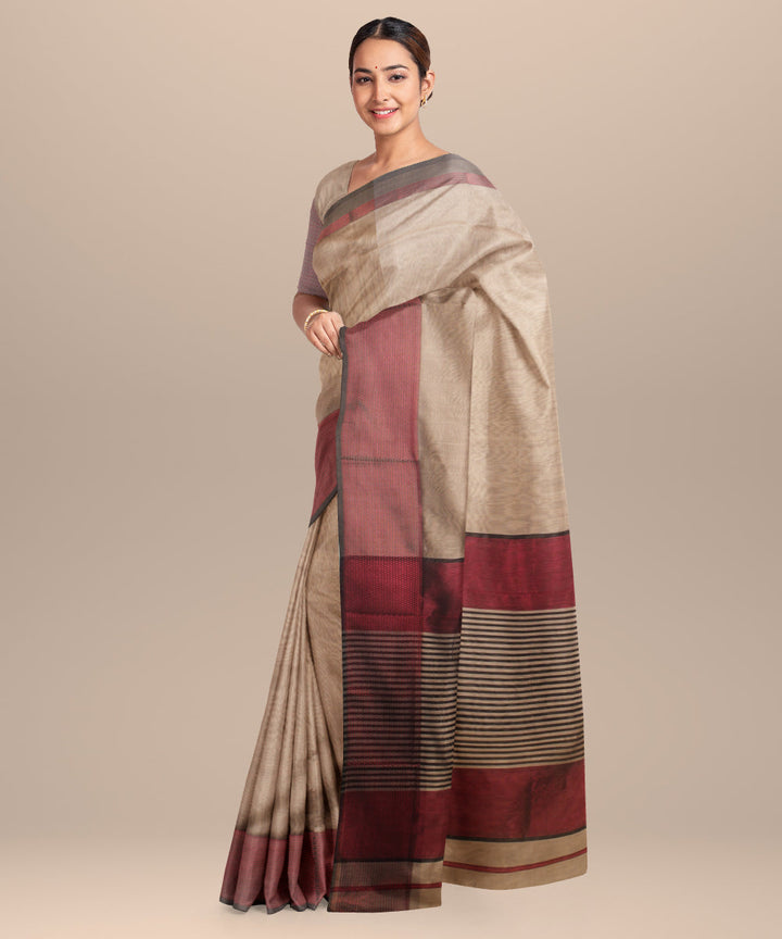 Beige red maheshwari handloom cotton silk saree