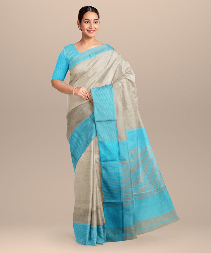 Beige blue maheshwari handloom cotton silk saree