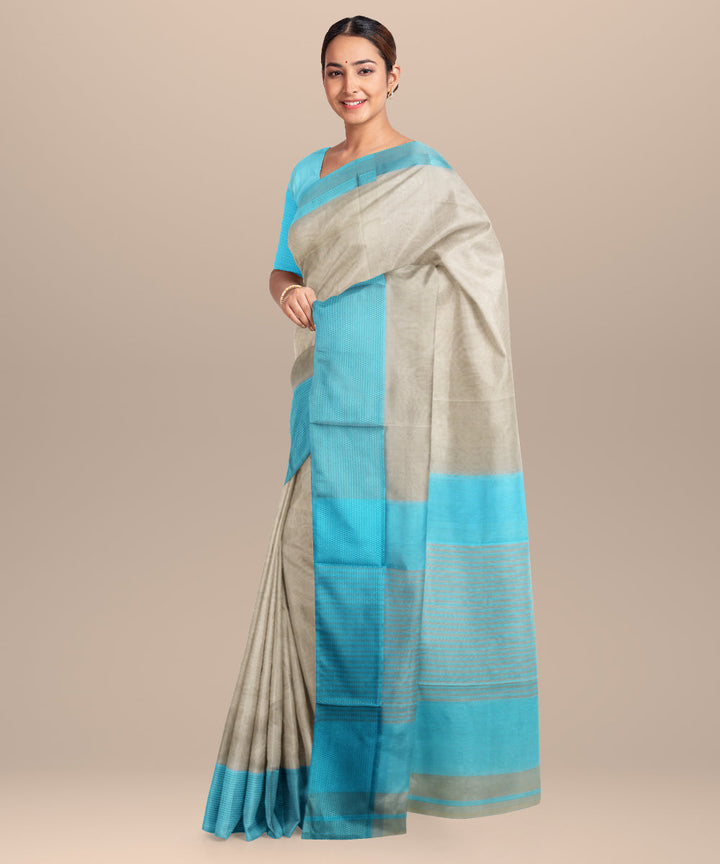 Beige blue maheshwari handloom cotton silk saree