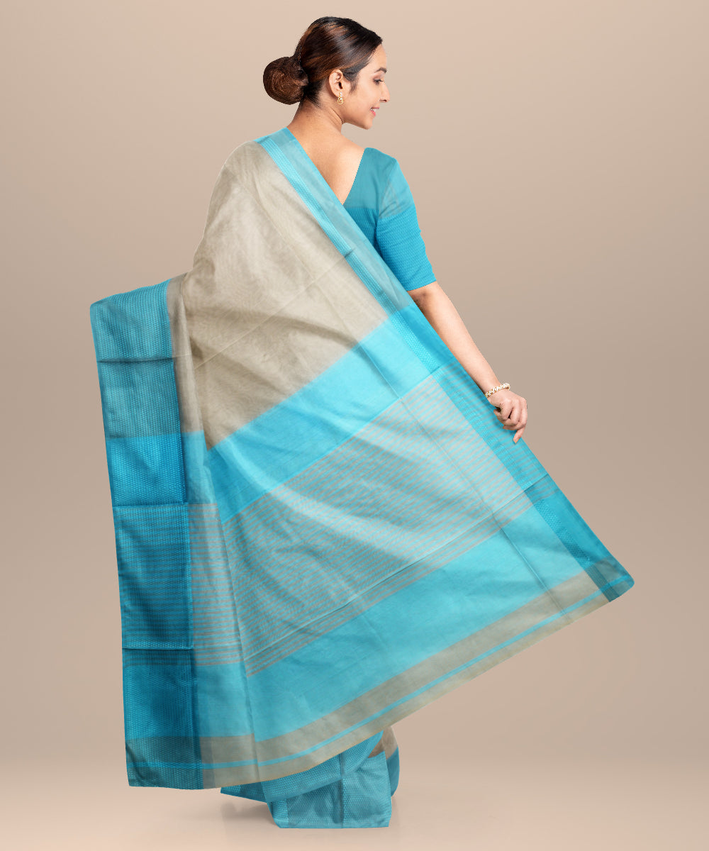 Beige blue maheshwari handloom cotton silk saree
