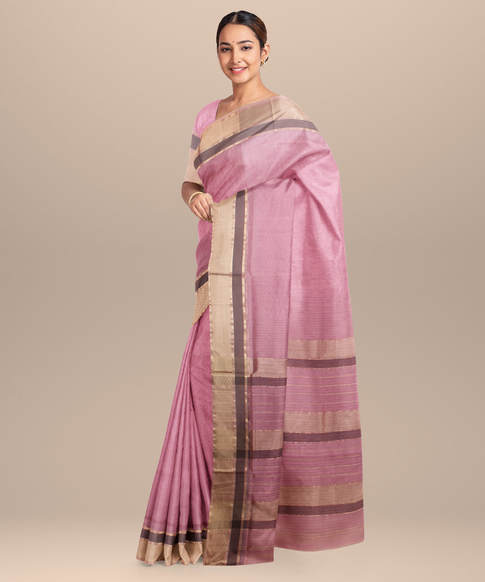 Pink beige maheshwari handloom cotton silk saree