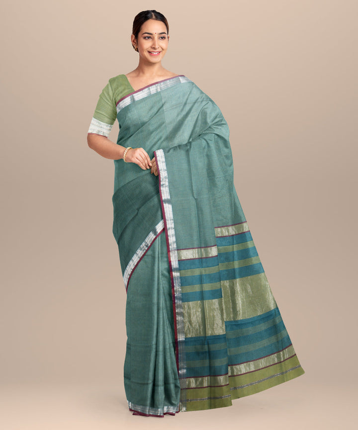 Green maroon maheshwari handloom cotton silk saree