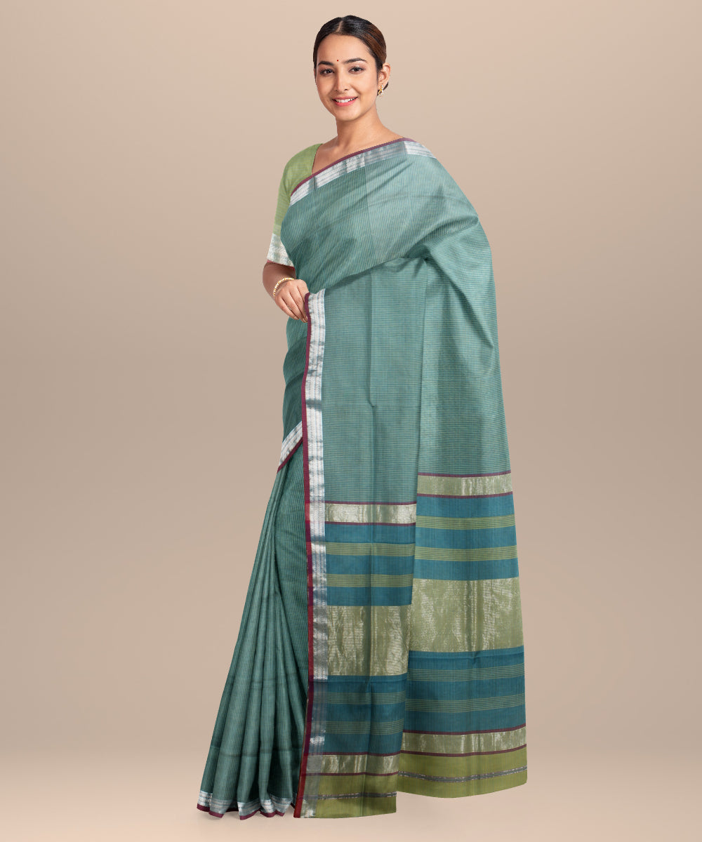 Green maroon maheshwari handloom cotton silk saree