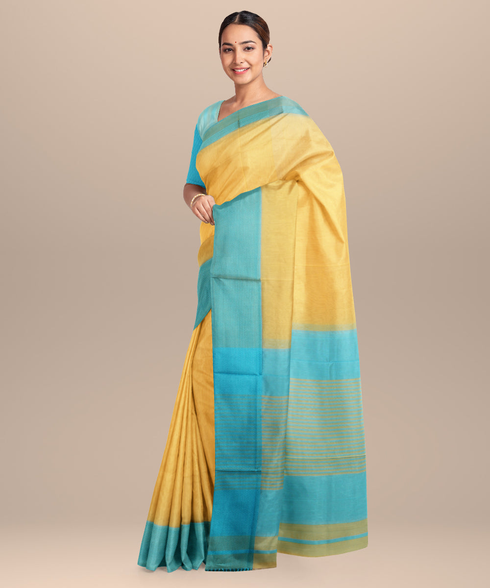 Yellow blue maheshwari handloom cotton silk saree