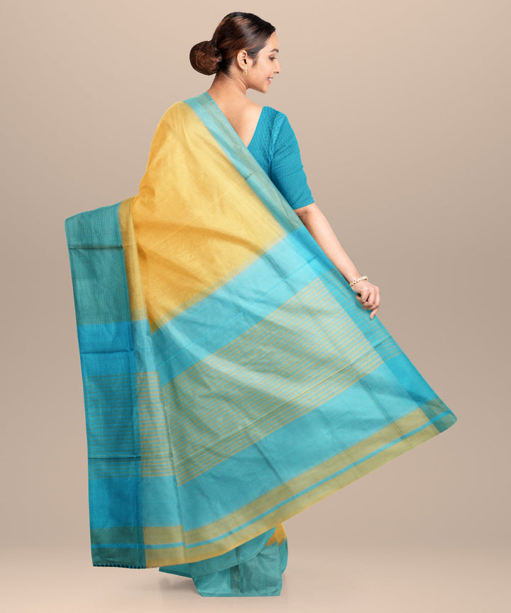 Yellow blue maheshwari handloom cotton silk saree