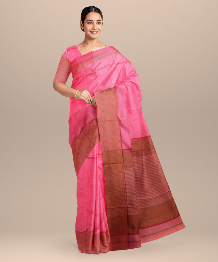 Pink red maheshwari cotton silk handloom saree
