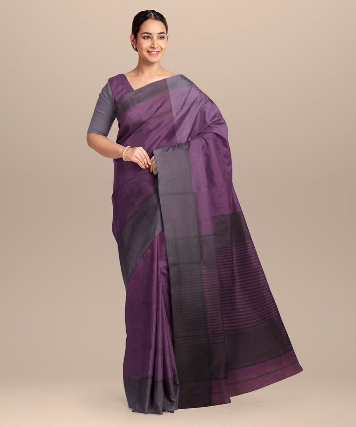 Purple black maheshwari handloom cotton silk saree