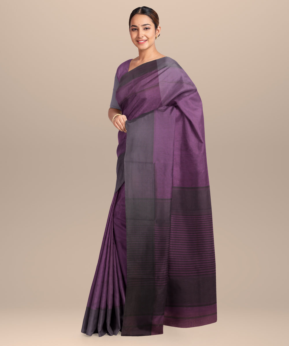 Purple black maheshwari handloom cotton silk saree