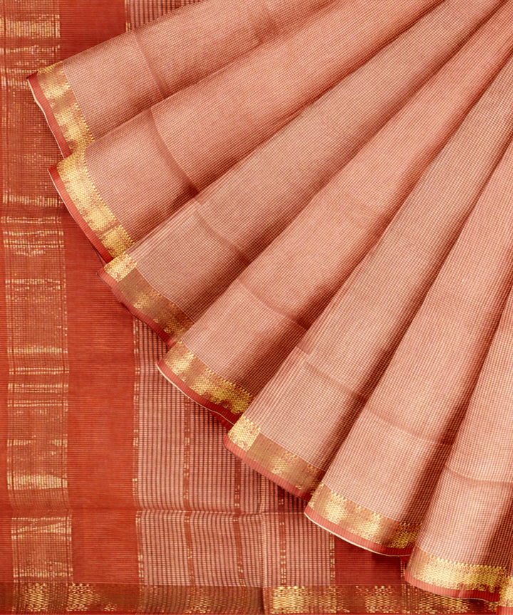 Beige red checks maheshwari handloom cotton silk saree