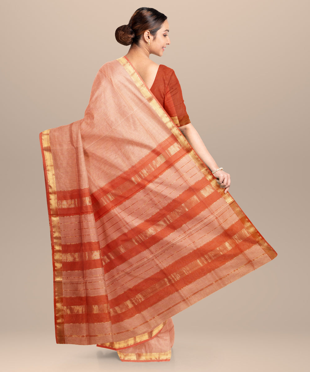 Beige red checks maheshwari handloom cotton silk saree