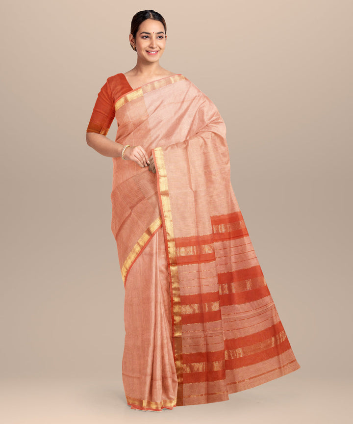 Beige red checks maheshwari handloom cotton silk saree