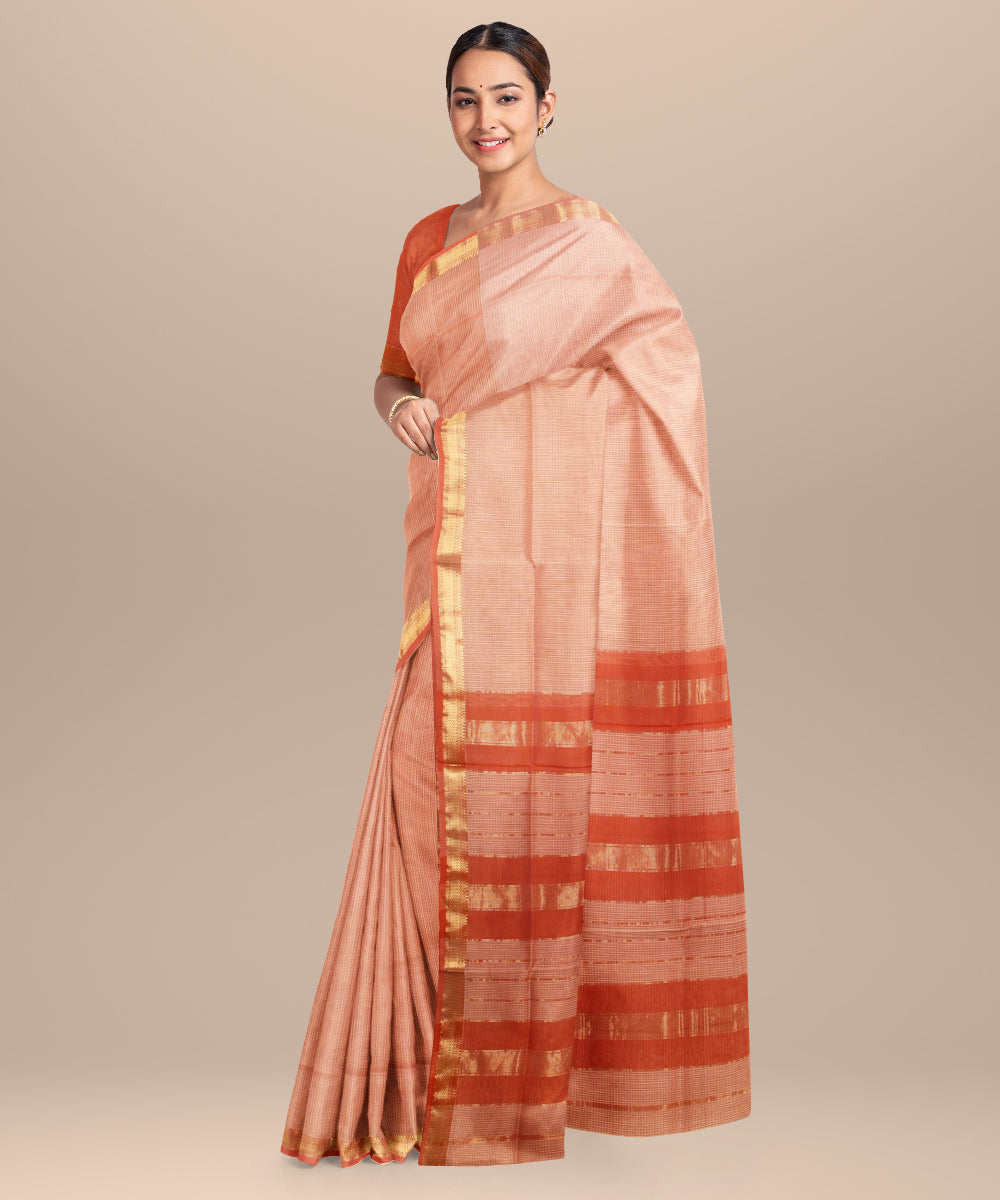 Beige red checks maheshwari handloom cotton silk saree