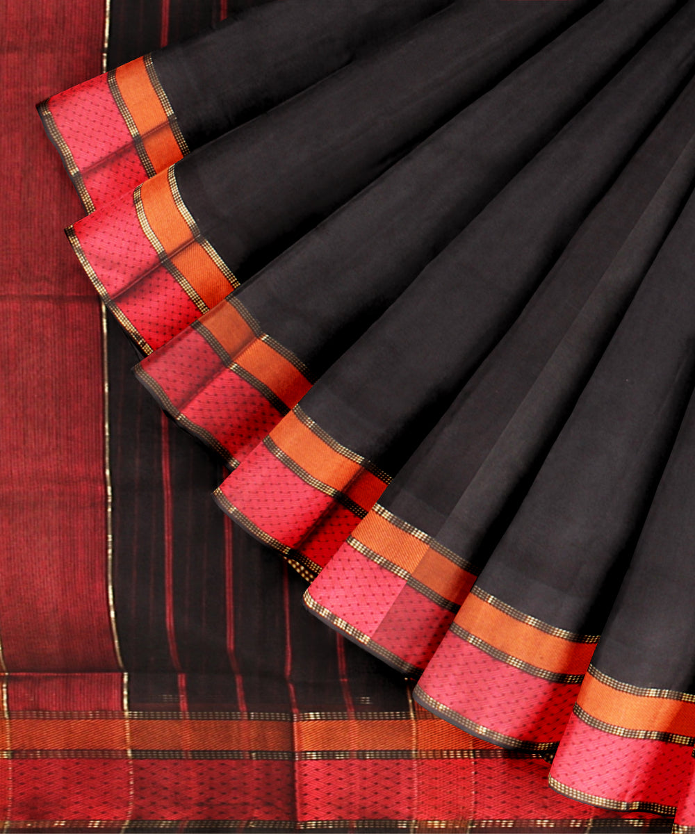 Black red maheshwari handloom cotton silk saree