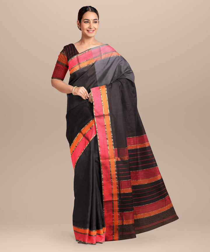 Black red maheshwari handloom cotton silk saree