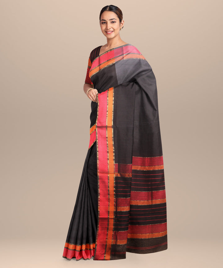 Black red maheshwari handloom cotton silk saree