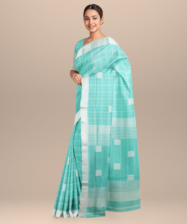 Light green checks maheshwari handloom cotton silk saree