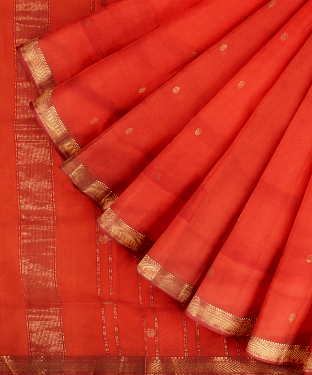 Dark orange maheshwari handloom cotton silk saree