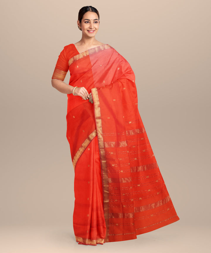 Dark orange maheshwari handloom cotton silk saree