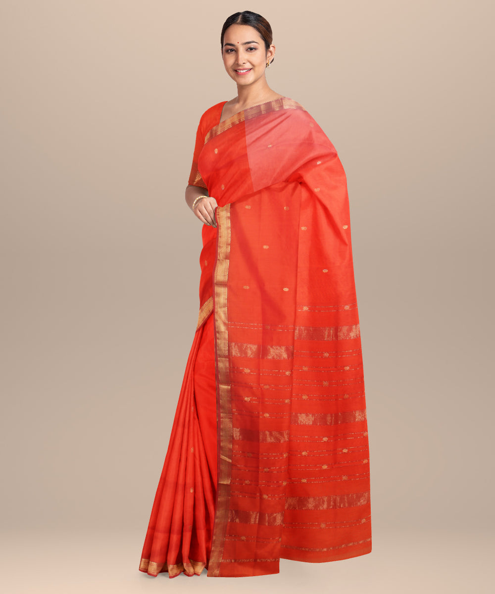 Dark orange maheshwari handloom cotton silk saree