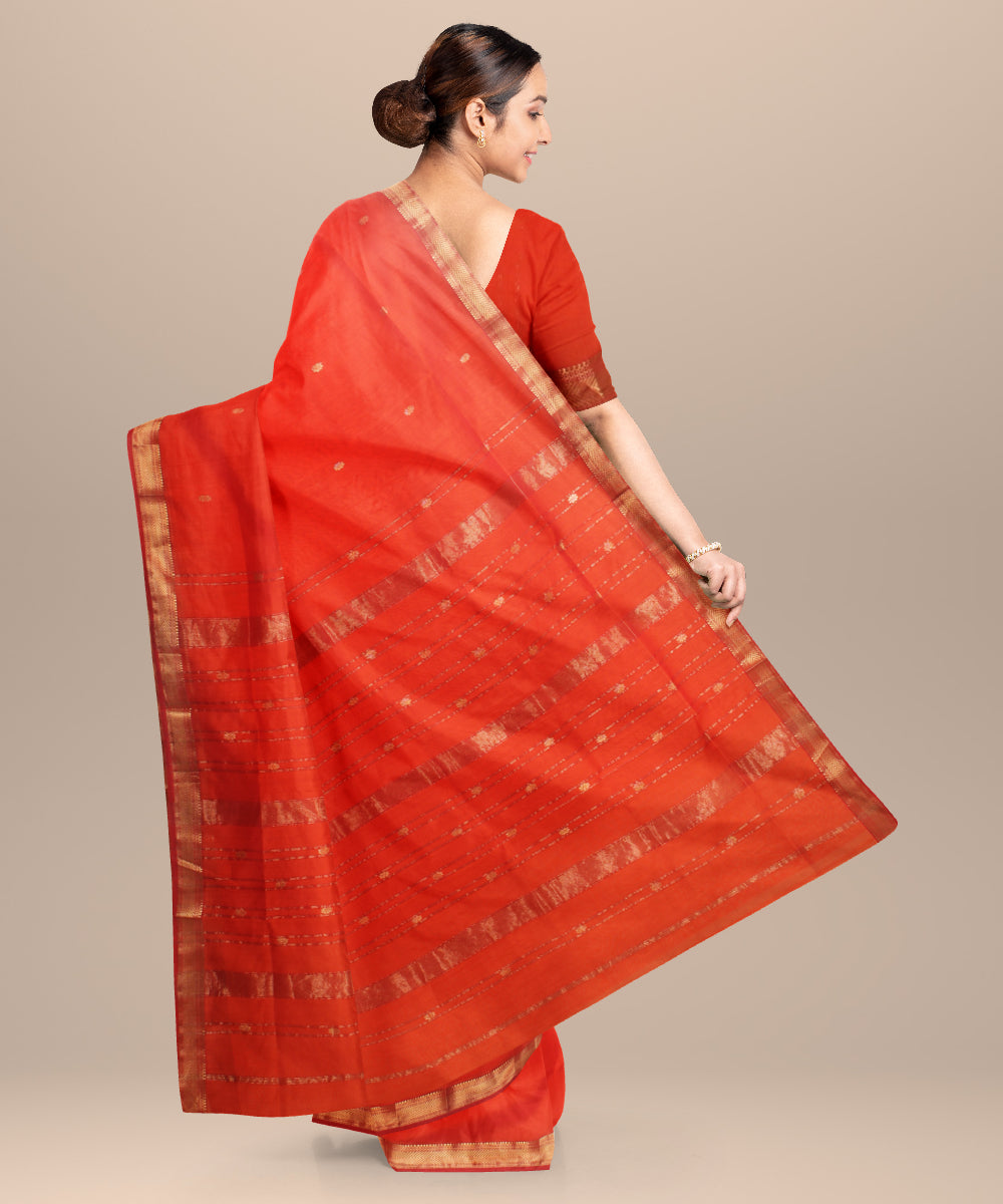 Dark orange maheshwari handloom cotton silk saree