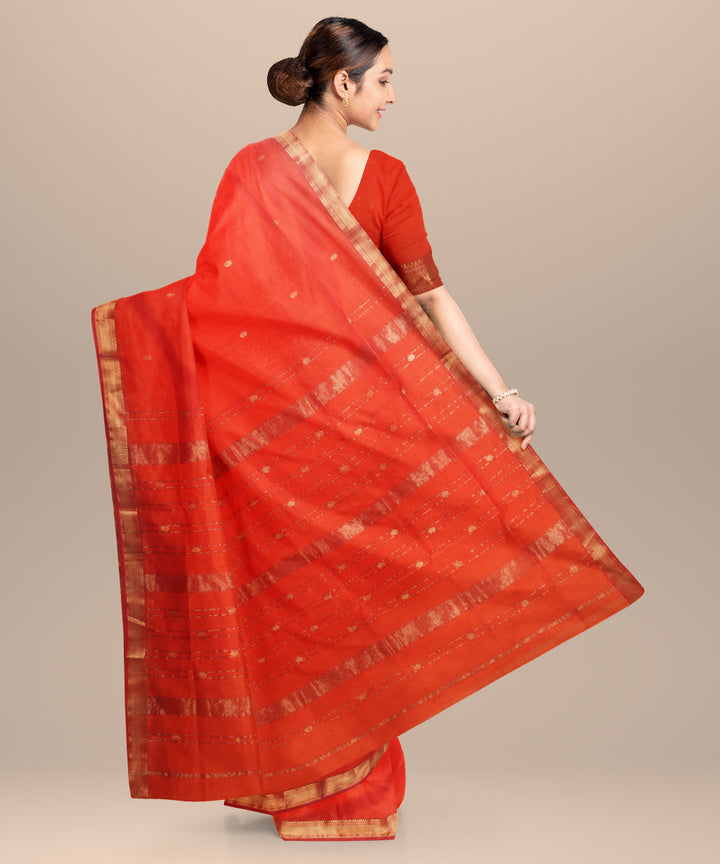 Dark orange maheshwari handloom cotton silk saree