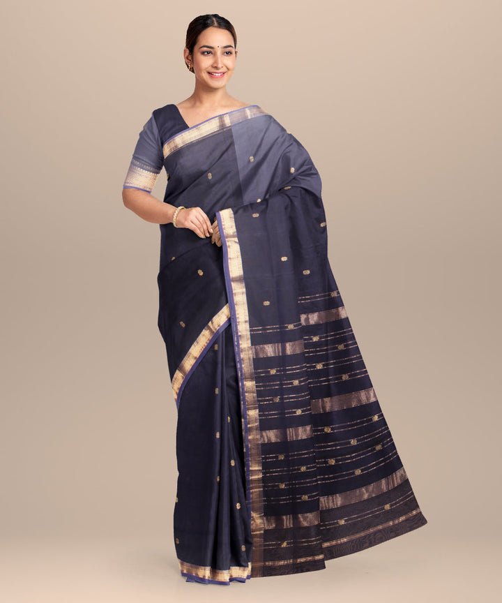 Dark blue maheshwari handloom cotton silk saree