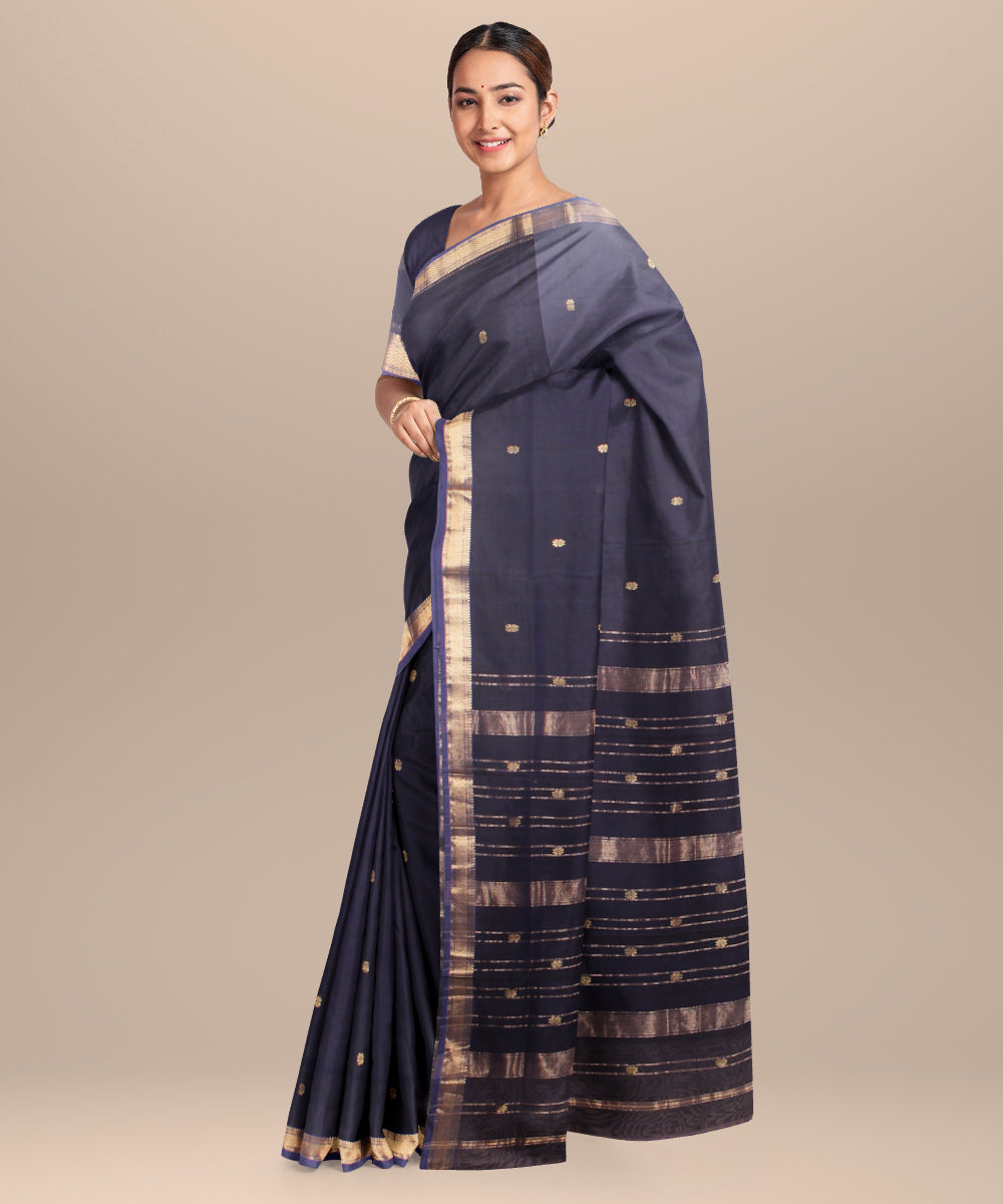 Dark blue maheshwari handloom cotton silk saree